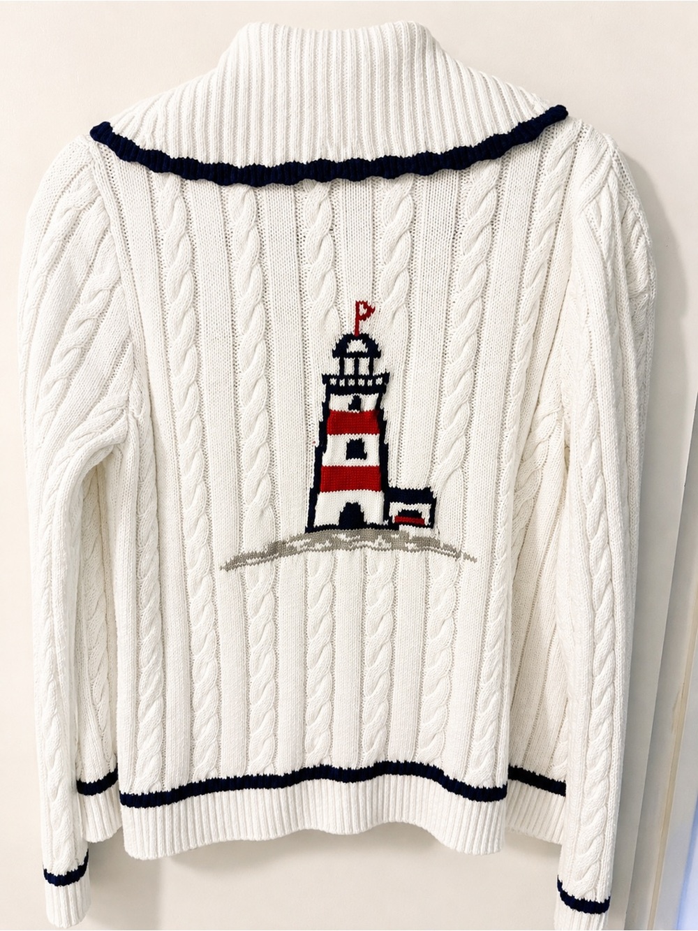 Maeve White Cable-Knit Turtleneck Sweater with Red & Black Lighthouse Motif